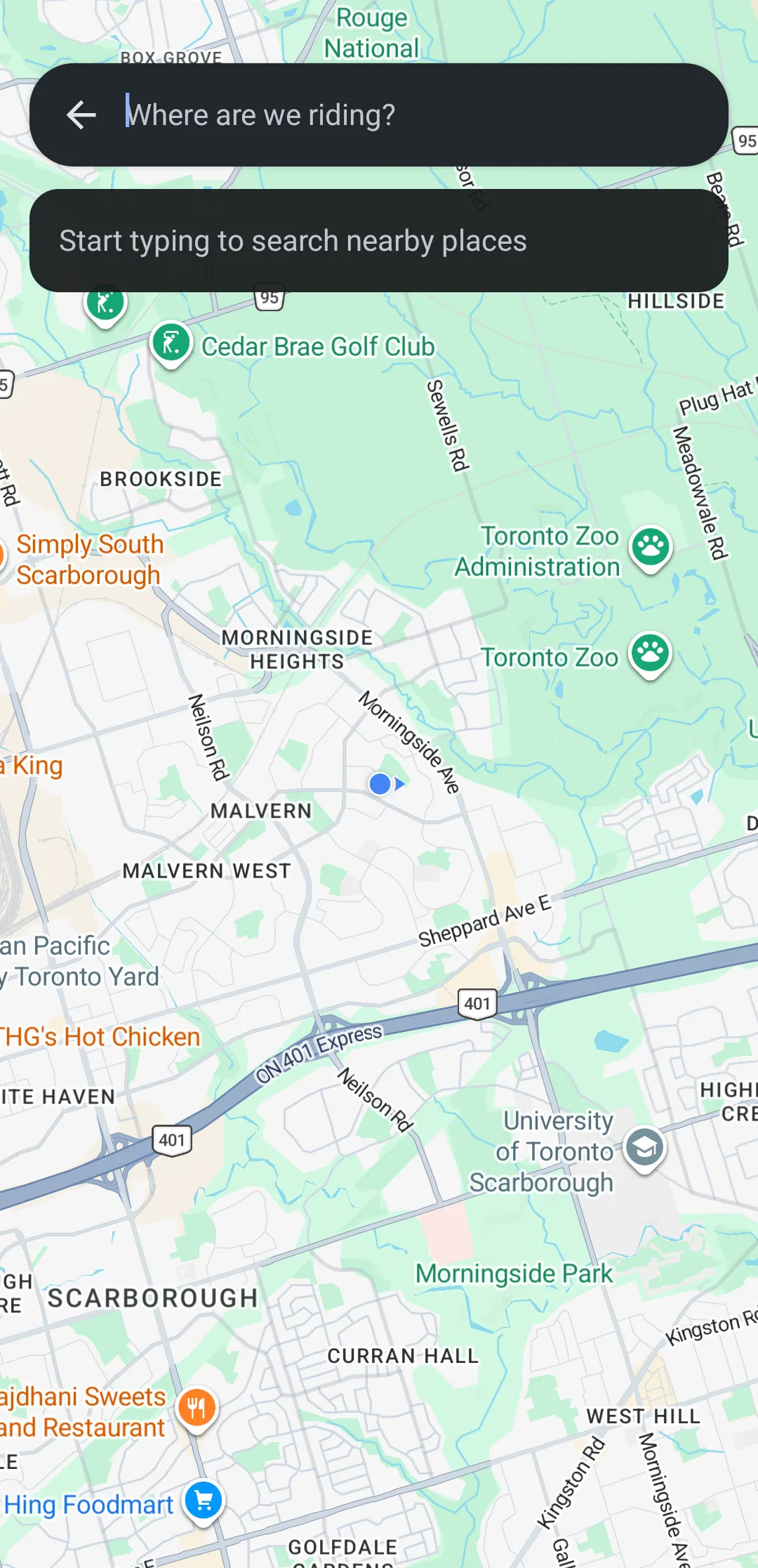 Search overlay on the map asking where the pack is riding